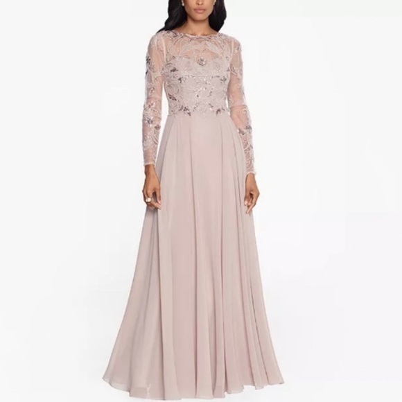 Xscape Dresses & Skirts - XSCAPE Long Mesh-Sleeve Sequin Embellished Illusion Chiffon Gown in Taupe